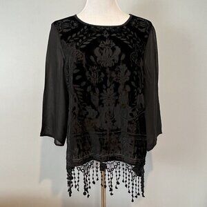 Chico's Velvet Elegance Fringe Blouse Sheer Sleeves Size Medium NWT Witchy
